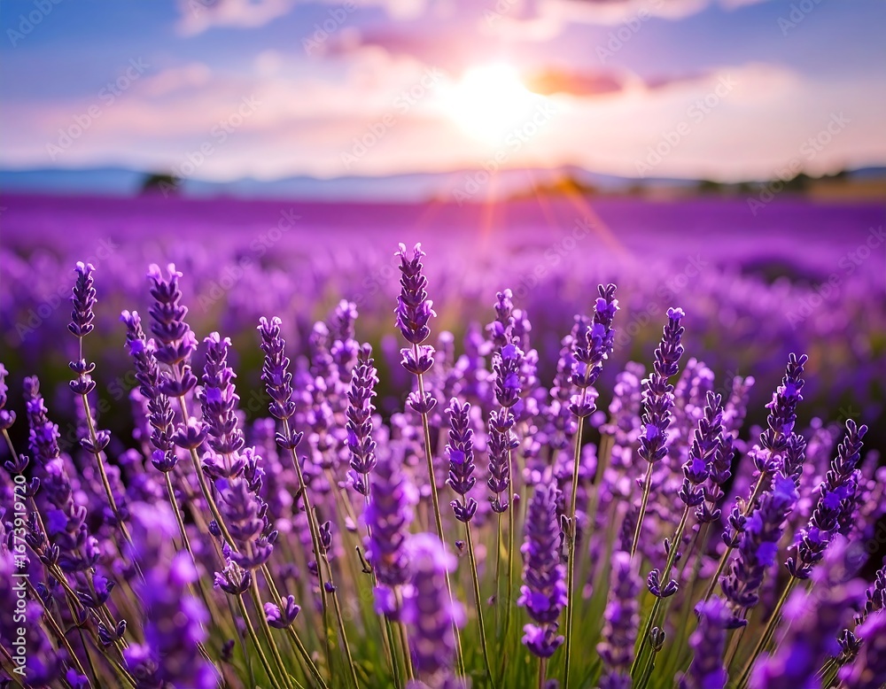 Naklejka premium A vibrant field of purple lavender blooms under a beautiful sunset, showcasing the rich hues and delicate detail of these flowering plants.