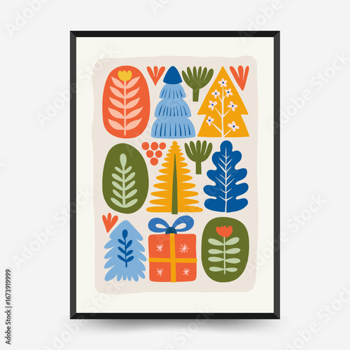 Merry Christmas and Happy New Year vertical flyer or poster template. Modern trendy Matisse minimal style. Hand drawn design for wallpaper, wall decor, print, postcard, cover, template, banner.