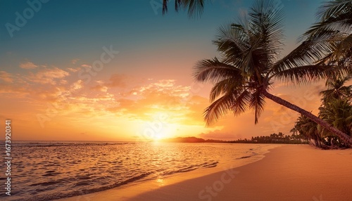 tropical sunset beach resort orange sky palm trees