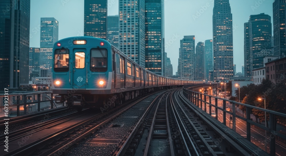 Obraz premium Elevated train moving across tracks, framed by tall city buildings