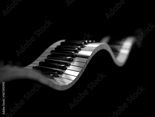 A stylish, abstract piano keyboard curves elegantly against a dark background, highlighting its musical design.
