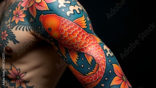 Close-up of a vibrant colorful koi fish tattoo design on a muscular arm