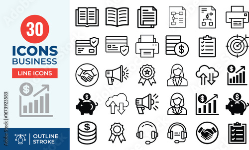 30 Business & Customer Support Line Icons – Finance, Communication, Helpdesk, Books, Office Tools