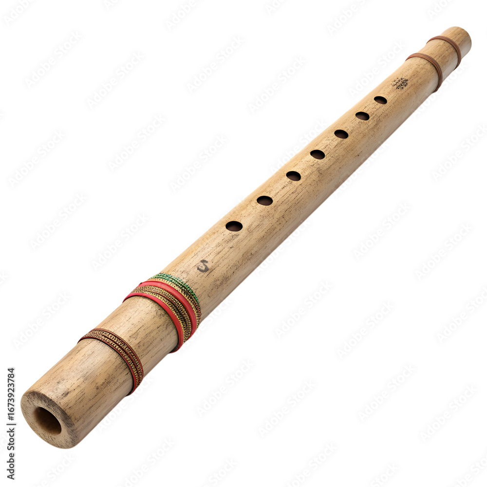 Fototapeta premium Classic bamboo flute musical instrument showcasing detailed wood grain and colorful ornamentation for music projects isolated on a white background