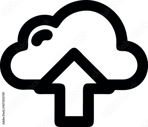 Simple black and white vector graphic of a cloud with an upload arrow for web and app interfaces