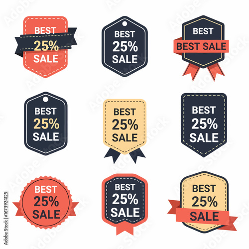 Retro sale label collection with best sale badges, discount tags and vintage promotional ribbon banners.