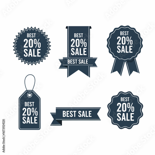 Classic retail promotion badges with best sale banners, discount labels and vintage style marketing stickers.
