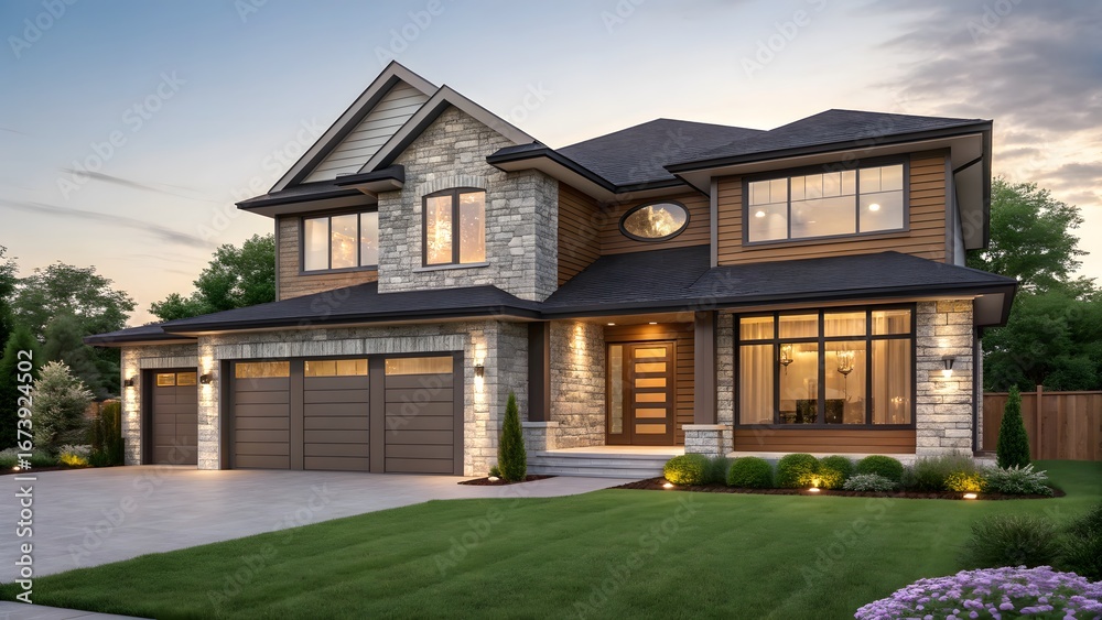 Obraz premium Modern luxury stone and wood exterior of a two story family home