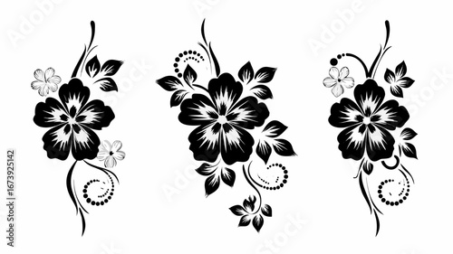 Three floral arrangements with swirling stems and leaves in a black and white color palette design style | editable eps vectors silhouette