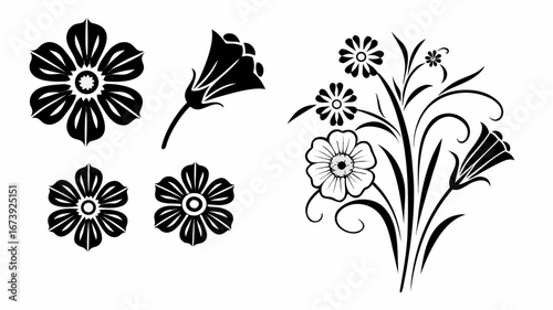 Illustration showing a collection of stylized black and white floral designs and flower arrangements | editable eps vectors silhouette