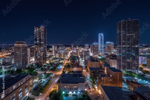 Fort Worth Tx Aerial Night Skyline. Texas Urban Landscape with City Architecture