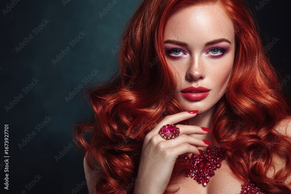 Fototapeta premium Stunning redhaired woman with glamorous makeup and jewelry posing indoors.