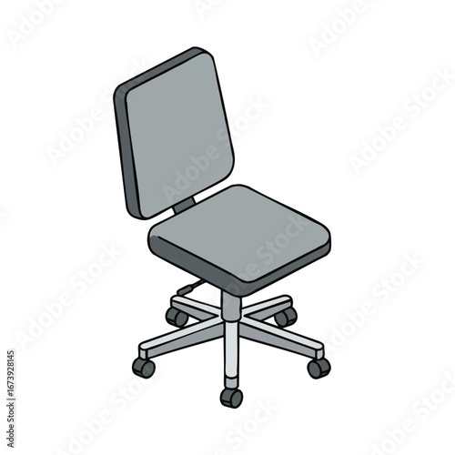 A simple, isometric illustration of a gray office chair, ready for use in a workspace.