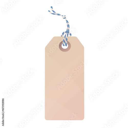 Vintage blank price tag hanging on a twine isolated on white. Hand drawn vector illustration of a kraft cardboard label with soft gradients. Suitable for stickers, notes, bookmarks, product labeling