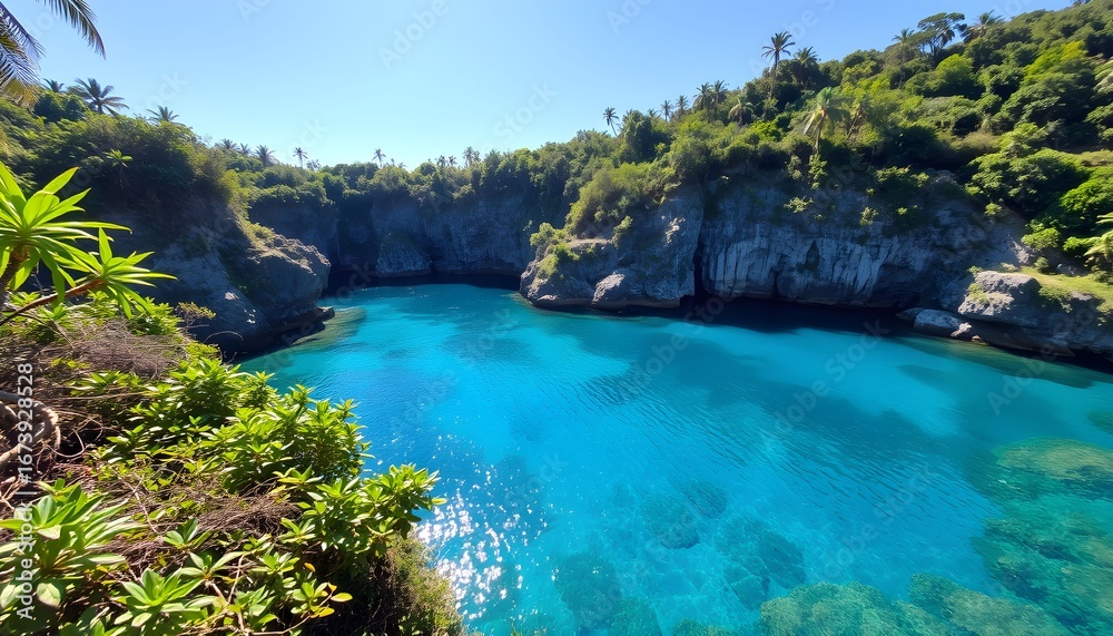 Fototapeta premium A vibrant turquoise lagoon surrounded by lush green vegetation and rocky cliffs under a clear blue sky.
