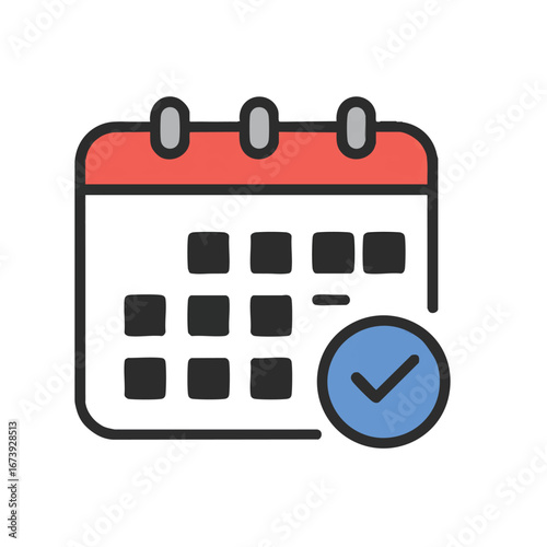 A stylized calendar with a red top, white grid, and a blue checkmark icon.