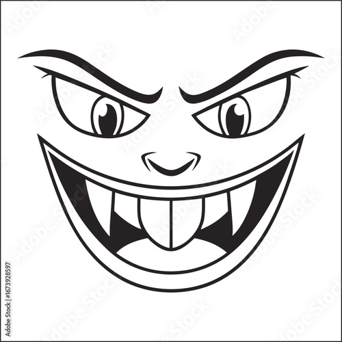 Sinister grinning face with sharp teeth and evil eyes on a black background