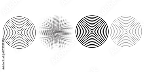Black concentric circle set. Sonar or sound wave ring collection. Dotted and linear epicentre, target, radar icon concept. Ripple radial signal or vibration elements.