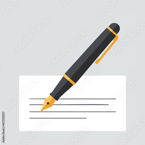 A black fountain pen positioned over lined paper, ready for writing.