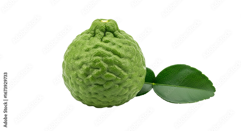 Obraz premium Kaffir lime shows a textured green peel next to its leaf, presented against a stark isolated background.
