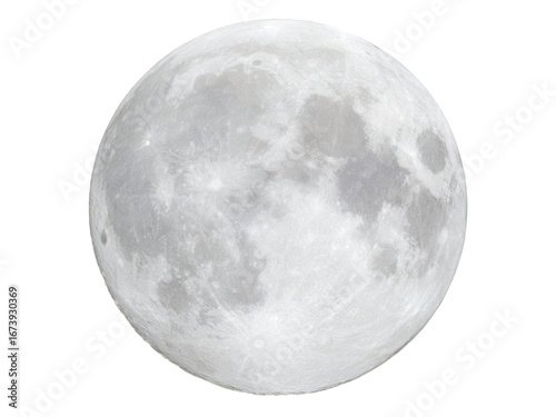 Full moon night sky celestial body lunar surface crater, Isolated On White Background, Png Transparent
