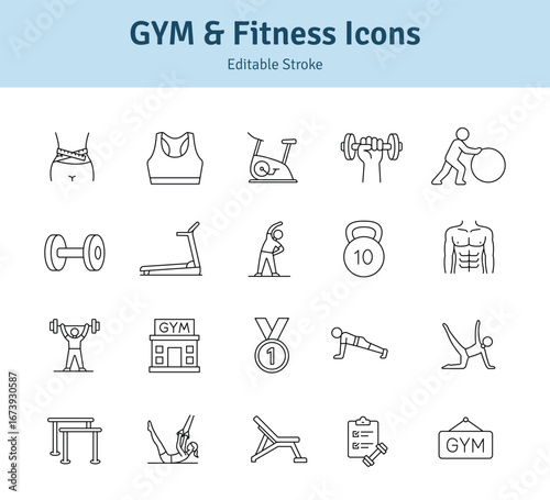 Gym and Fitness Icons Set, Workout Exercise Symbols with Dumbbell, Kettlebell, Treadmill, Yoga, Bodybuilding, Weightlifting, Abs, Stretching, Push Up, Training, Sport. Editable Stroke Icons.