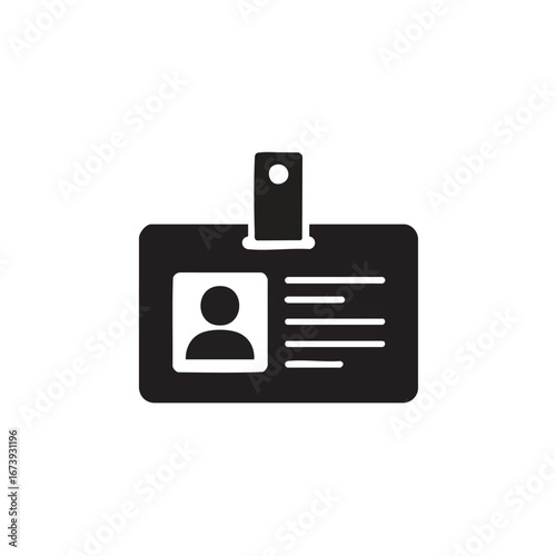 Black and white icon depicting an identification card or badge, with a portrait and lines for text.