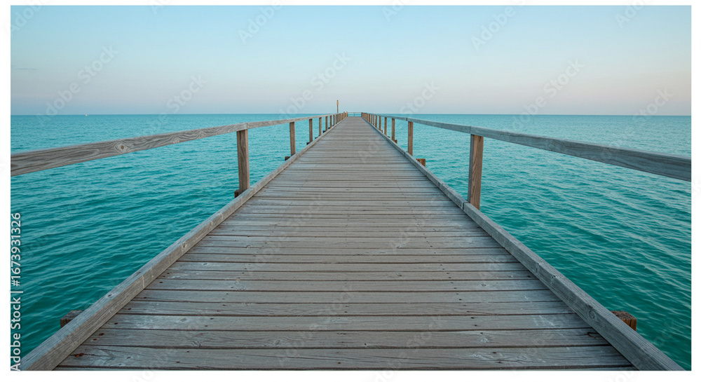 Fototapeta premium Wooden pier extends over the tranquil turquoise ocean, leading the viewer's eye towards the horizon where the sky transitions from blue to a soft, calming hue.