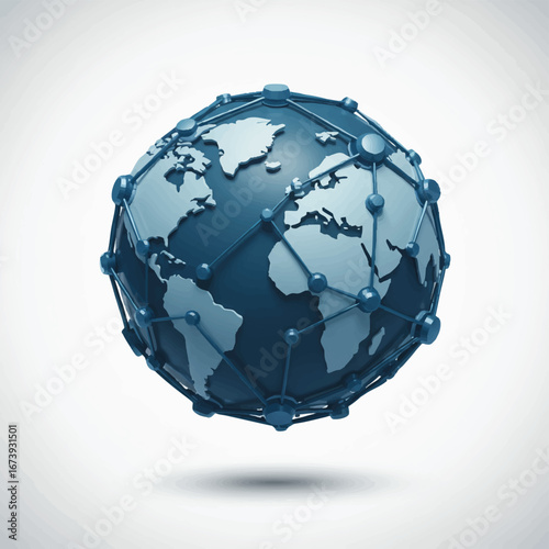 Stylized globe with interconnected nodes representing global network.