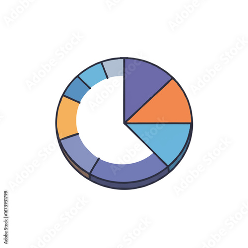 An isolated pie chart graphic with varying colored segments, showing a data representation.