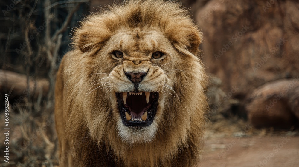 Obraz premium Lion Mouth Open. Adult Lion Roaring and Displaying Aggressive Fangs in the Wild