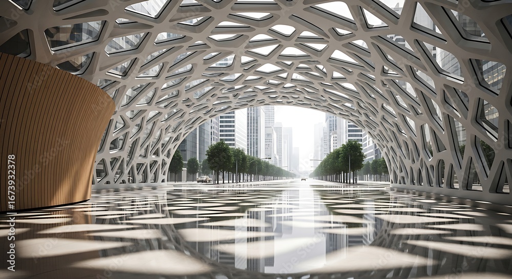 Obraz premium Futuristic Tunnel Architecture with Geometric Design and Cityscape Urban Structure