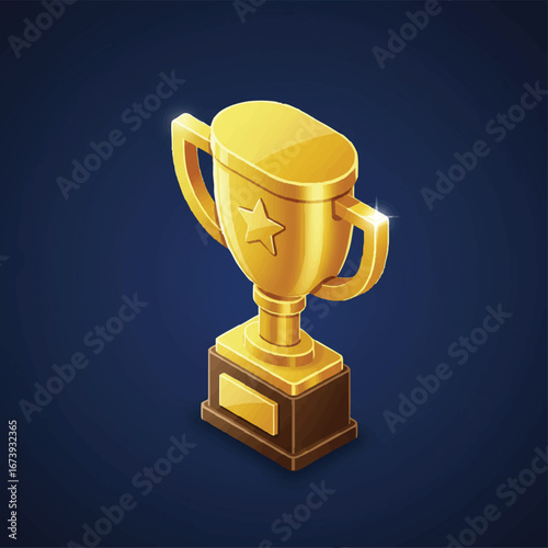 A gleaming golden trophy with a star, sits on a dark brown base against a deep blue background.