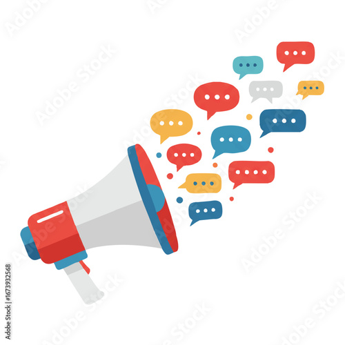 A megaphone emitting colorful speech bubbles, symbolizing communication and outreach.