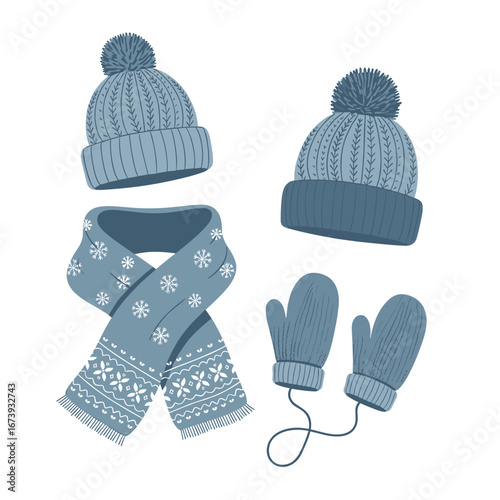 Cozy winter set featuring knitted hat, scarf, and mittens with snowflake patterns