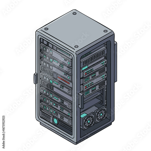 Isometric illustration of a server rack, showcasing internal components and cooling systems.