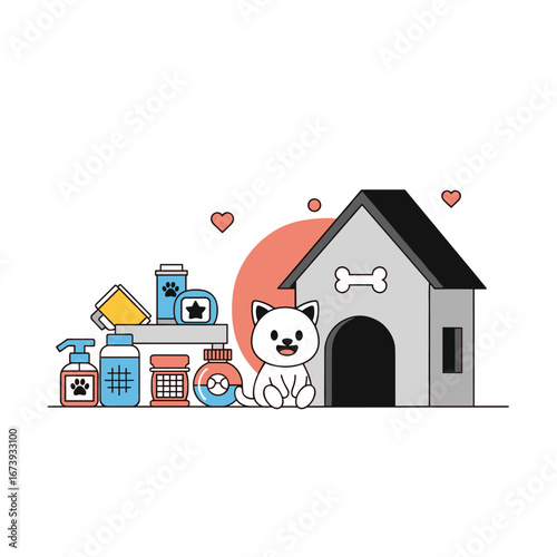 Adorable puppy near cozy dog house surrounded by pet care essentials and happy hearts