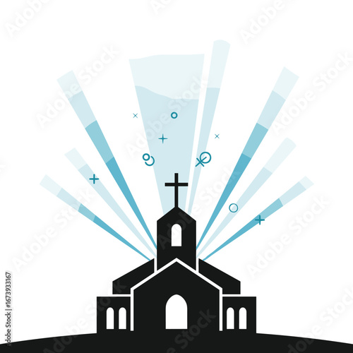 Modern Church Silhouette Radiating Hope and Faith with Abstract Blue Light Beams