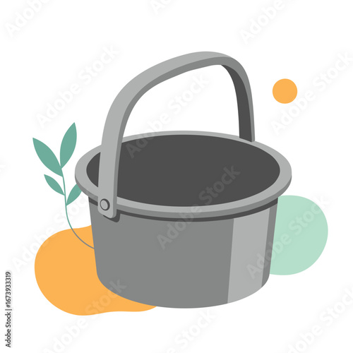 Simple gray bucket with fresh green leaves and colorful abstract shapes, modern design