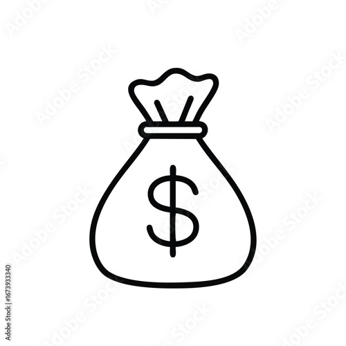 Simple black and white illustration of a tied money bag with a dollar sign.