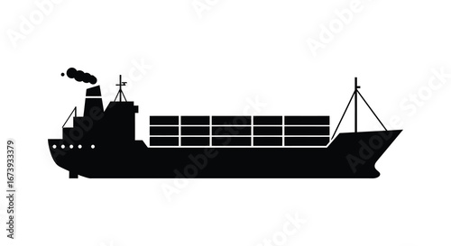Large cargo ship with containers on deck and smoke from chimney