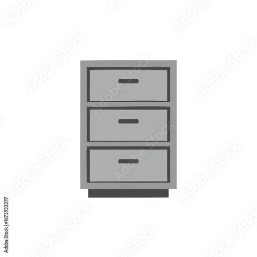Gray three-drawer filing cabinet, simple icon style, isolated on white background.