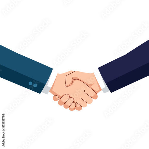 Two business professionals in suits firmly shaking hands symbolizing agreement and partnership success