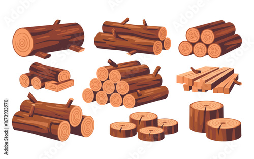 Cartoon Wood Logs Pile Illustration Vector Set for Lumberjack Industry and Firewood Stockpiling Needs