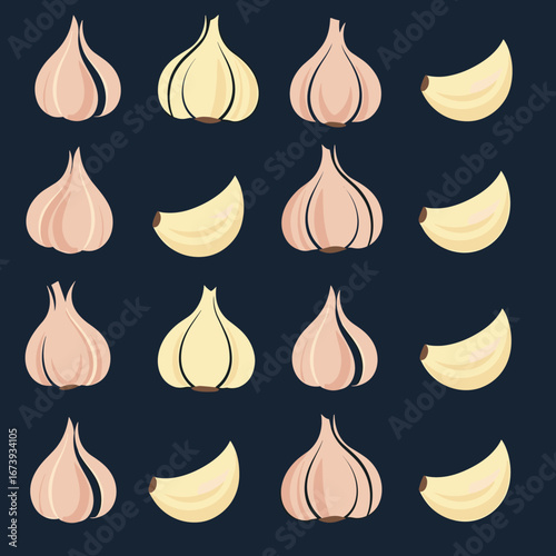 Fresh garlic bulbs and cloves arranged in a clean, modern pattern on a dark background