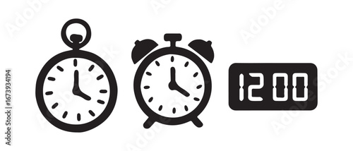 Three timekeeping devices stopwatch alarm clock and digital clock displaying noon