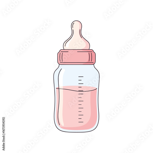 Baby bottle with pink nipple and pink milk, ready for feeding time nourishment and care