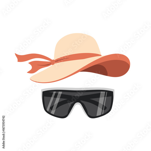 Stylish sun hat and dark sunglasses evoke summer vacation and beach relaxation vibes