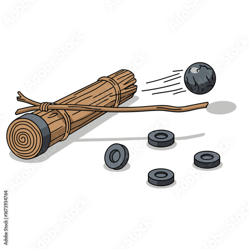 Vintage toy catapult launching a stone projectile with targets scattered nearby for gameplay