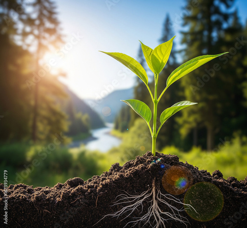 Young plant sprouting from soil with green leaves under bright sunlight in the garden